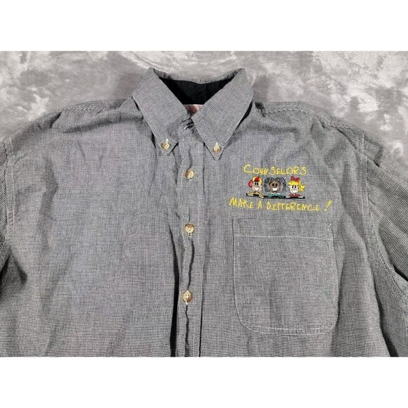 Embroidered School Counselor Button up Shirt Black White houndstooth‎ size Large - Picture 1 of 7